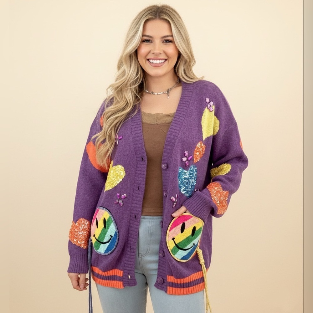 Smiley face cardigan 2 colors are available —— purple color